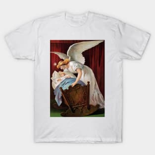 Protective guardian angel looking after a baby in a crib. Colorful vintage image. T-Shirt